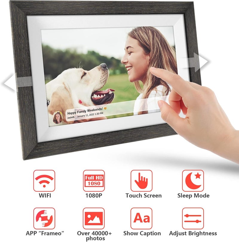 MQQC Frameo 10.1 Inch WiFi Digital Picture Frame，1280 * 800IPS HD Cloud Smart Digital Photo Frame,32GB Storage, Wall Mountable, Auto-Rotate,Easy to Share Photos or Videos via FRAMEO APP （Wood Frame） - Image 3